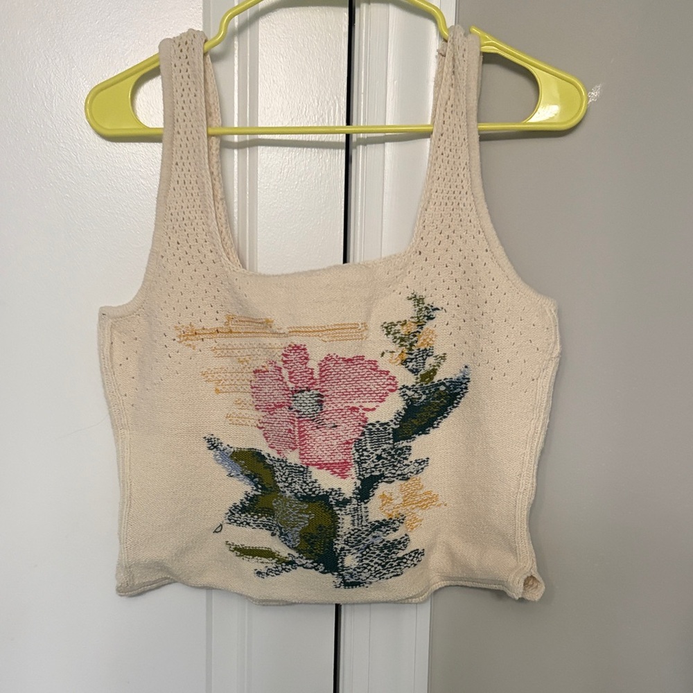 Anthropologie Cream Floral Knit Tank Top